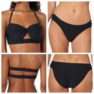 Jessica Simpson Rose Bay Black Bandeau textured Bikini Top Side Shirred Hipster